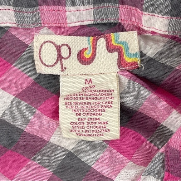 OP. Button Up Shirt Womens Medium Pink Plaid Roll Tab Sleeve Pleated - Picture 2 of 9